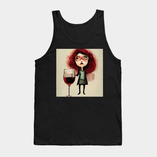 Woman wearing glasses and standing with her big glass of red wine. Tank Top by Liana Campbell